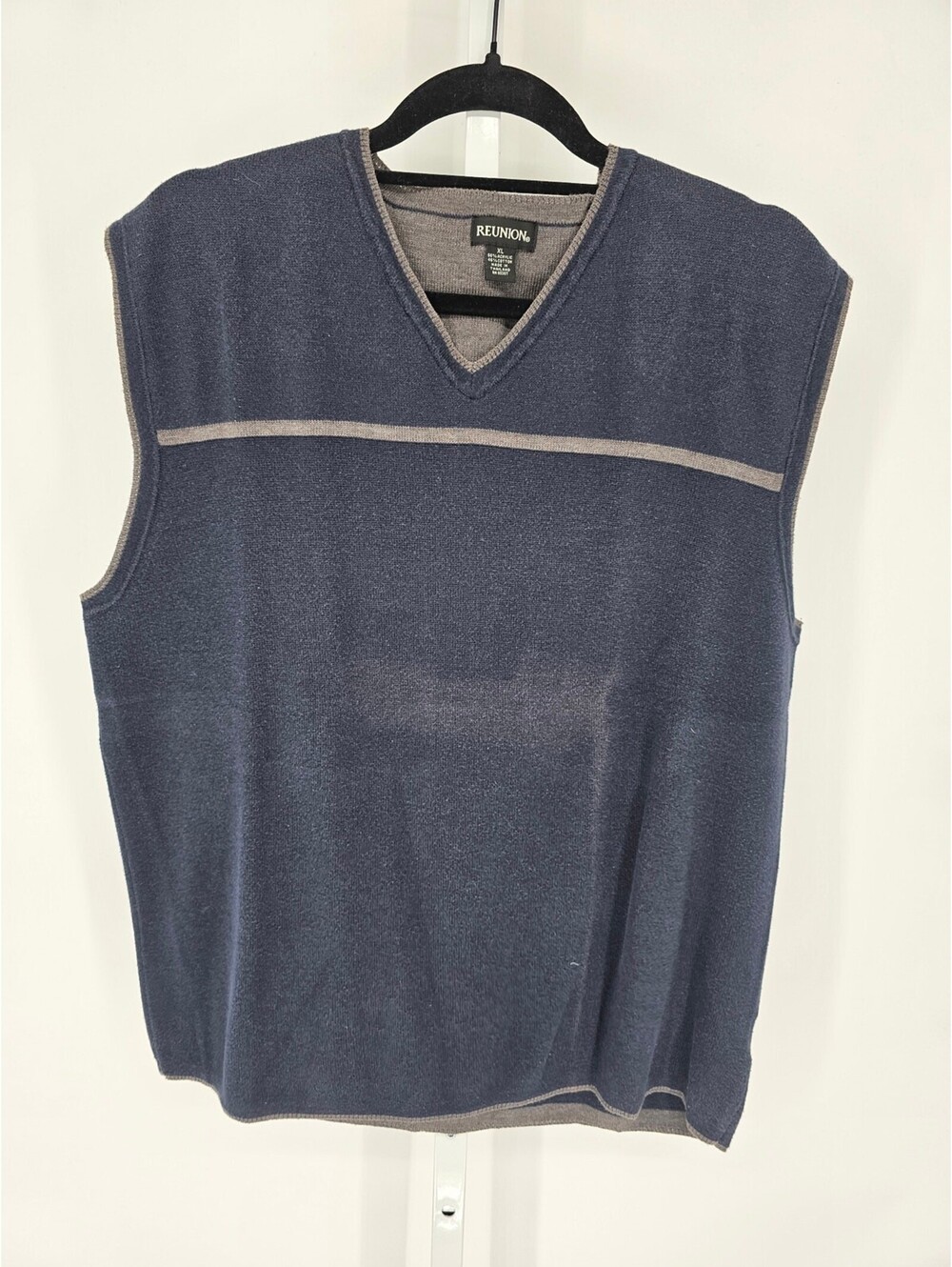 Vintage Reunion Mens Sz XL V Neck Sweater Vest Navy Blue Taupe Trim